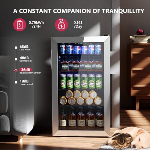 Beverage Refrigerator Cooler - 126 Can Mini Fridge with Glass Door for Soda Beer or Wine, Beverage Cooler for Home, Office, Bar with Adjustable Removable Shelves, Silver