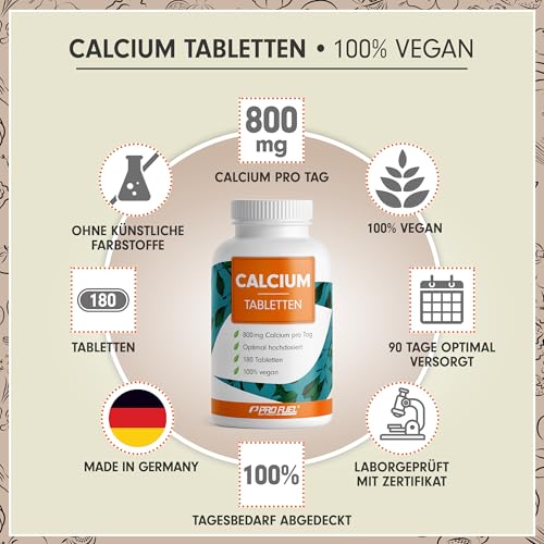 Calcium Tabletten 180x - optimal hochdosiert mit 800 mg Calcium pro Tag - Erhalt normaler Knochen & Zähne - hochwertiges Calciumcarbonat - laborgeprüft mit Zertifikat - 100% vegan - Vorrat für 90 Tage