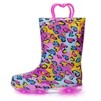 EUXTERPA Toddler Kids Waterproof Light Up Rain Boots Patterns and Glitter Boots with Handles for Girls, Colorful Heart, Little Kid Size 11