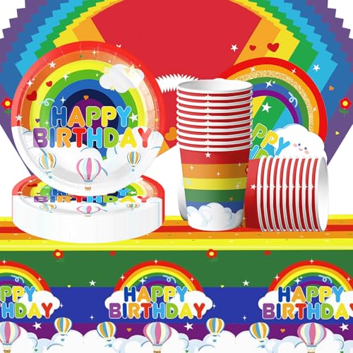 Set da 61 pezzi di stoviglie a tema arcobaleno per feste di compleanno, decorazioni per feste per bambini, compresi piatti arcobaleno, bicchieri di carta, tovaglioli