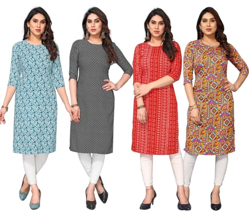 Image of JAKHANA Women's Crepe Printed Casual Straight Calf Length Round Nick Kurta Pack of 4
