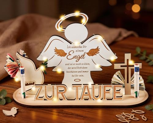 Giftota Geldgeschenk Taufe Holz mit LED Lichterkette Kreative Taufgeschenke für Junge Mädchen Schutzengel Deko Geschenk