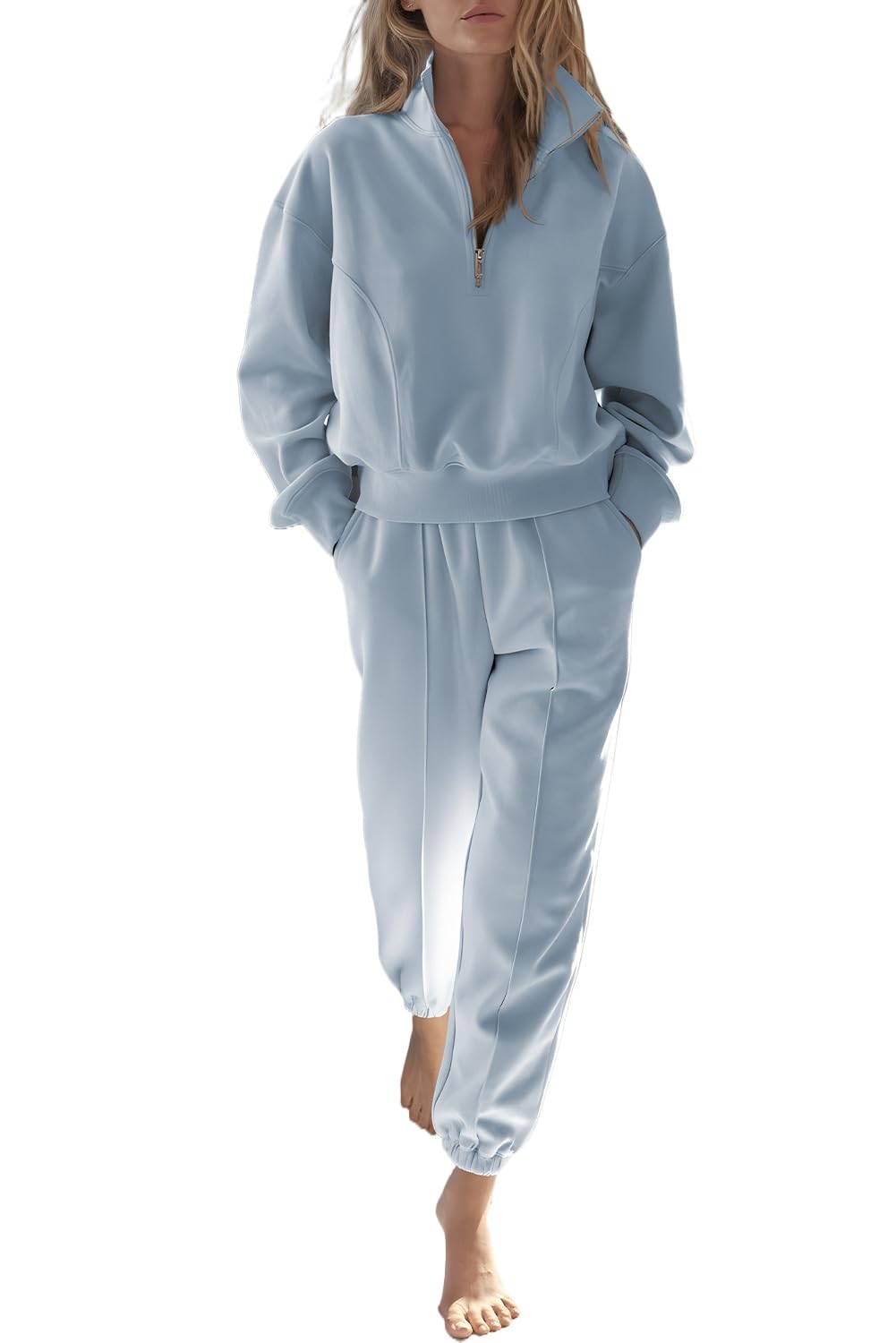Womens Sky Blue Half Zip Pullover Active Top and Joggers Set for Daily and Outdoor Wear