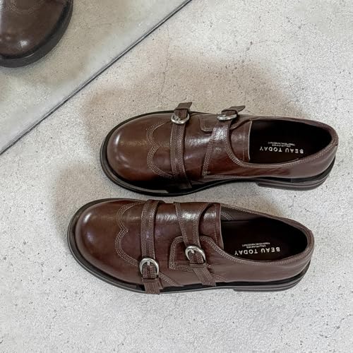 Image of BEAU TODAY Women's Leather Loafers, Wingtip Brogue Monk Strap Shoes