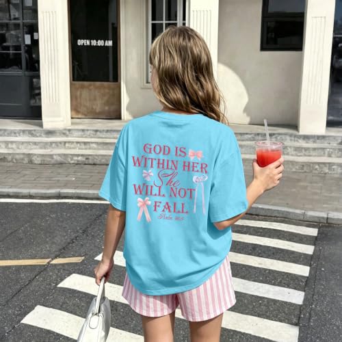 Image of Girls Christian Tees God is Within Her Jesus Shirt for Kids Faith Cute Graphic Bow Tshirt Inspirational Religious Top