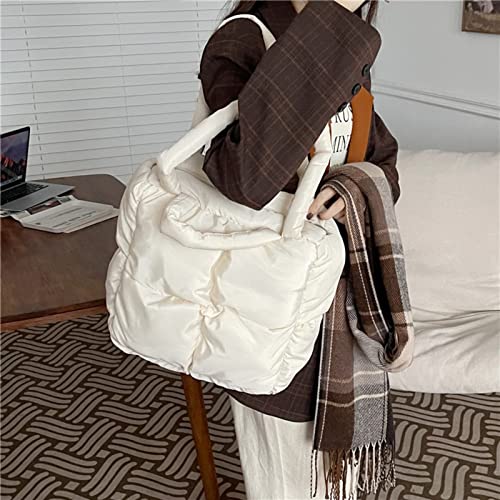 MadGrandeur Puffer Tote Bag Damen Glänzend Gesteppt Puffy Tote Bag Daunen Gepolsterte Schultertasche Süße Handtasche Ästhetische Handtasche, Z-weiß, Large