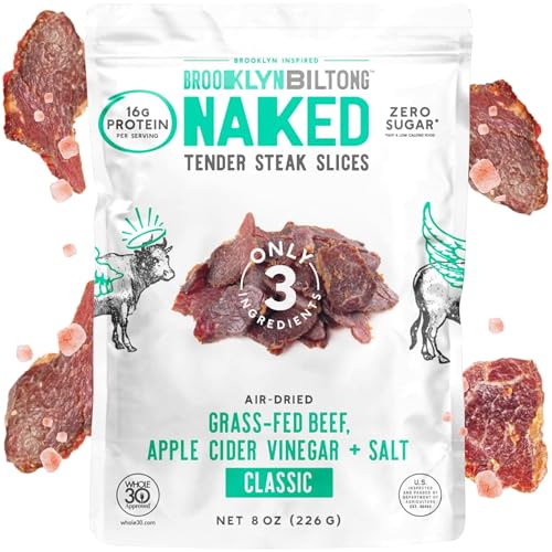Brooklyn Biltong Tender Steak Slices (Classic, 8 oz, Pack of 1) – Grass Fed Beef Protein Snacks, 16g Grass Fed Protein, Beef Jerky Alternative – Sugar & Gluten Free, Paleo, Whole 30, & Keto Snacks