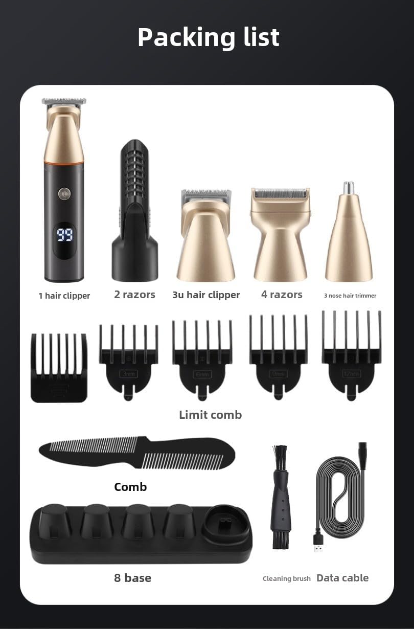 Waterproof Hair Trimmer Set, LCD Display, USB Rechargeable, Multiple Attachments for Hair, Beard, Body, Nose