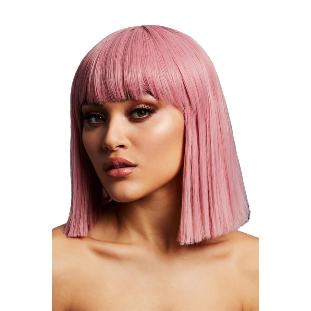Smiffys Fever Lola Wig, Ash Pink Blunt Cut Bob with Fringe, 30cm/ 12in, Fever Wigs Fancy Dress, Fever Dress Up Wigs