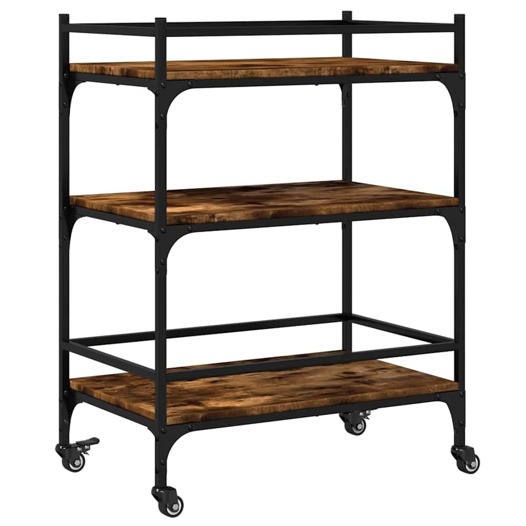 Carro de cocina de roble ahumado, 65 x 40 x 86,5 cm, madera con marco de acero y 4 ruedas, 2 bloqueables, para cocina, salón, como carrito de servicio y carrito de almacenamiento con mucho