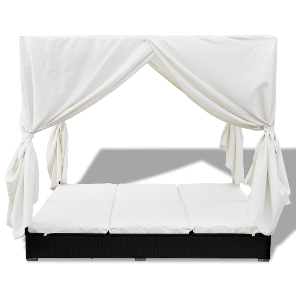 Makastle Chaise Longue D'extérieur avec Auvent et Rideaux, Lit de Repos Double avec Dossier et Repose-Pieds Réglables pour Balcon, 197x140x180 cm Noir Résine Tressée