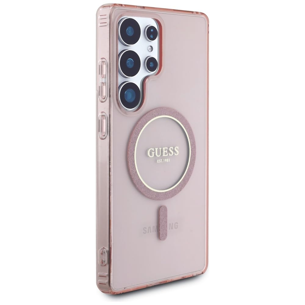 CG MOBILE Guess Glitter Circle Logo Classic Compatible avec MagSafe Coque pour Samsung Galaxy S25 Ultra (Rose)