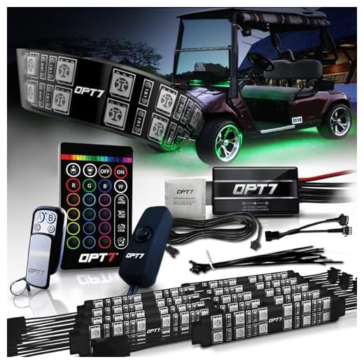 OPT7 Aura Golf Cart Underglow LED Lighting Strips Kit, Neon Golf Car Underbody Accessories, RGB Multi-Color Mode Accent Lights kit with Wireless Remote and Key Chain, w/Switch, 10pc, 12V, Double Row