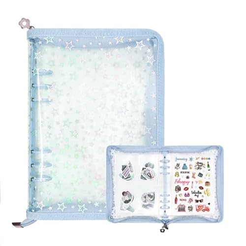 FsjDuwj トレカケース A5サイズ ぱしゃこれ収納ファイル レインボー星柄デザイン 6穴4ポケット両面収納リフィル20枚入りで最大160枚収納 推し活グッズに最適なトレーディングカードバインダー (淡いブルー)