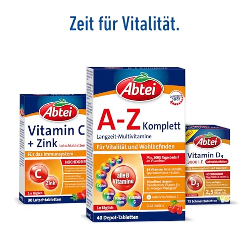Abtei A-Z Komplett Langzeit-Multivitamine - mit natürlichem Vitamin C - Nahrungsergänzungsmittel für Vitalität und Wohlbefinden - laborgeprüft, hochdosiert und vegetarisch - 1 x 40 Tabletten