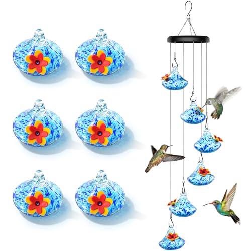 Wind Chimes Glass Hummingbird Feeder Bullet Camera- 20 Oz Outdoor Hanging Feeder with 6 Ports Attract More Hummingbirds Leak-Proof Design Unique Garden Backyard Decor - Blue