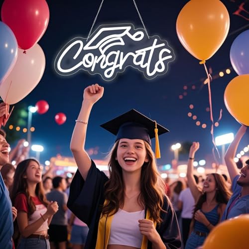 Image of Congrats Grad Neon Sign for Backdrop wall decor,Dimmable USB Powered Light Up Letters for Dorm Walls,White Grad Gifts Sign for Graduation ClassRoom Party bedroom size:16.14 * 7.6 inch