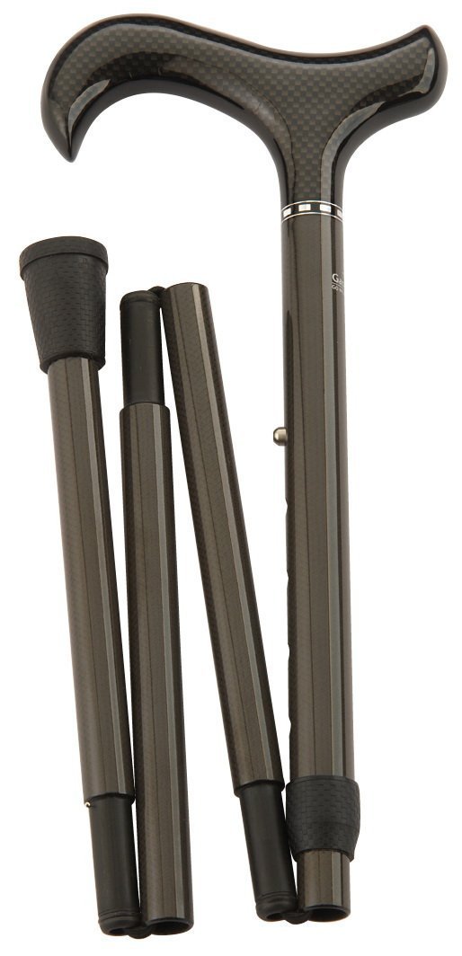 Gehstock Carbon Faltstock, eleganter Derbygriff aus Carbon mit Schmuckring, aufgesetzt auf einen Stock aus stabiler, leichter Carbonfaser in typischer Carbonoptik, höhenverstellbar, faltbar, inklusiv Schlankpuffer.