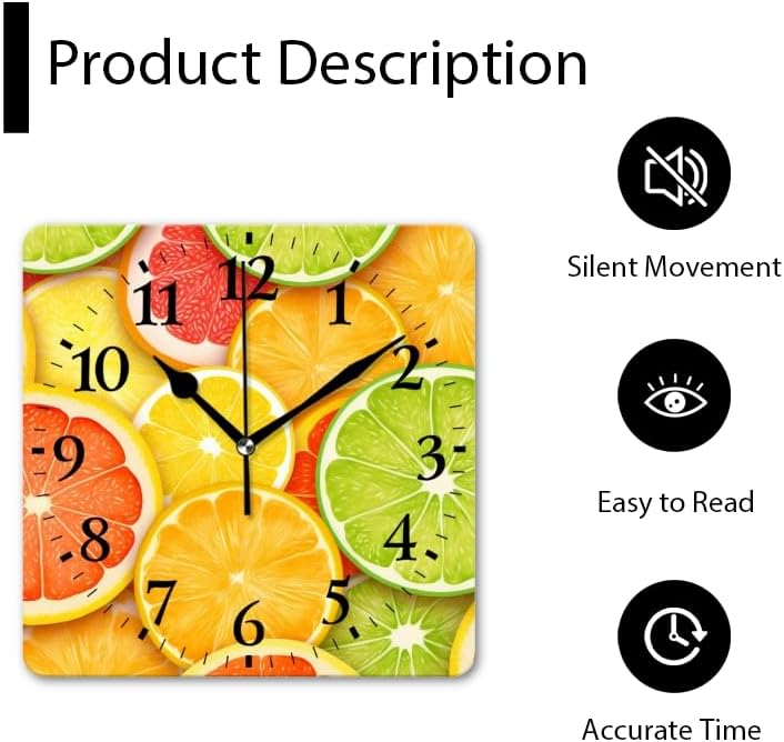 Quartz Wall Clocks Non-Ticking Silent Battery Operated Modern Wall Clocks Decorative for Home,Bedroom-Citrus Fruits Including Oranges and Lemon Slices(16inch)