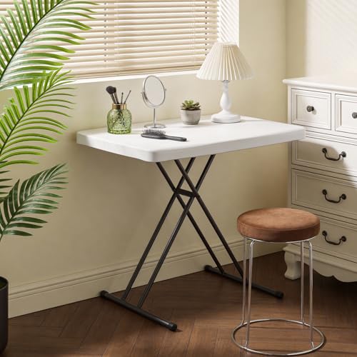 Image of 30in Folding Table, Portable Picnic Table with Adjustable Height, Foldable TV Tray Table & Laptop Desk for Small Spaces, Patio, Camping, BBQ, No Assembly Needed, White