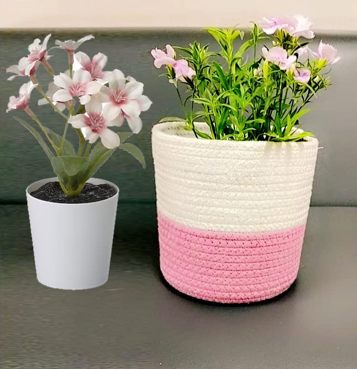 (Pink Beige)100% Natural Jute Storage Basket Laundry Basket Organizer for Living Room Storage Toys Clothes Towels Gifts Storage Bucket 6X6 INCH 1