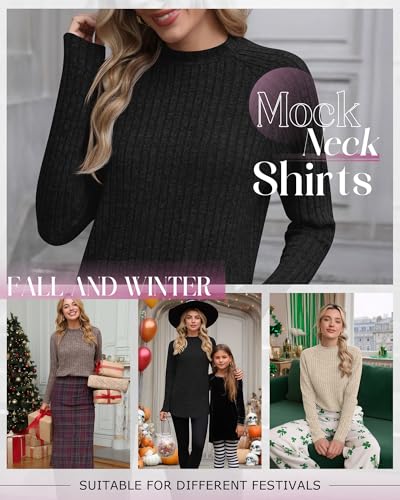 3 Pack Women's Fall Tunic Tops, Long Sleeve Mock Turtleneck Lightweight Sweaters Loose Curved Hem Ribbed Shirts3