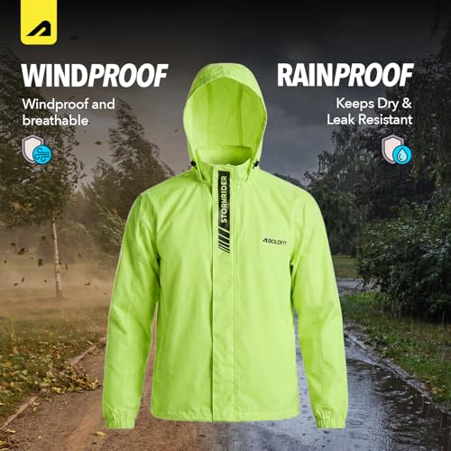 Image of Boldfit Storm Rider Waterproof Rain Jacket for Men & Women, Windproof Breathable Neon Green Riding Jacket with Hood, PU-Coated Zipper & Adjustable Fit for Bike, Cycling, Trekking & Outdoor Use