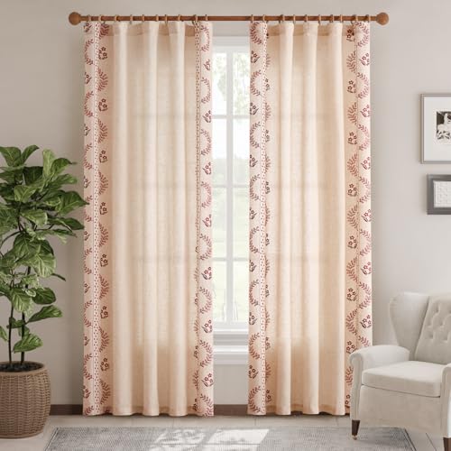 Image of jinchan Floral Linen Curtains 84 Inch Farmhouse Back Tab 2 Panels
