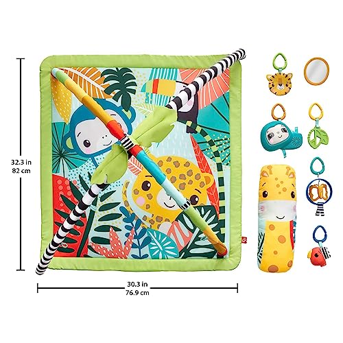 Fisher Price Tapis de jeu 3 en 1 sur le thème de la jungle pour jouer sur le ventre avec 6 jouets sensoriels lumineux et sonores et arche ajustable Jouet Éveil Dès HJW08 - vue 7
