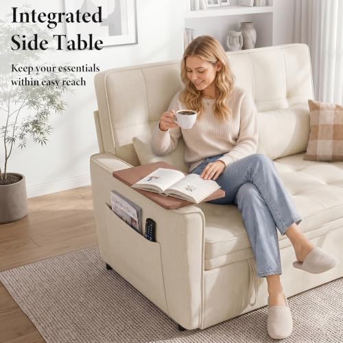 Image of Dreamzie 54'' Convertible Sleeper Sofa Bed with Swivel Side Table, Chenille Pull Out Couch for Living Room, Loveseat Sleeper Couch with Side Pocket | Charging Port | Cup Holder, Beige