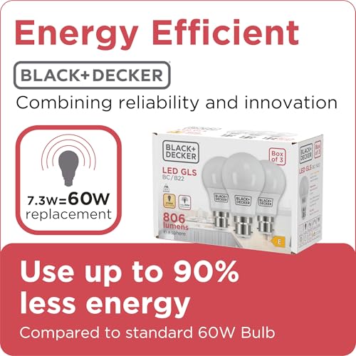 BLACK+DECKER® - LED GLS Lightbulbs - Pack of 3 Light Bulbs • 7.3W • B22 Bayonet Base • Warm White 2700K • Non-Dimmable • 806 Lumens • Energy Class E - Image 6