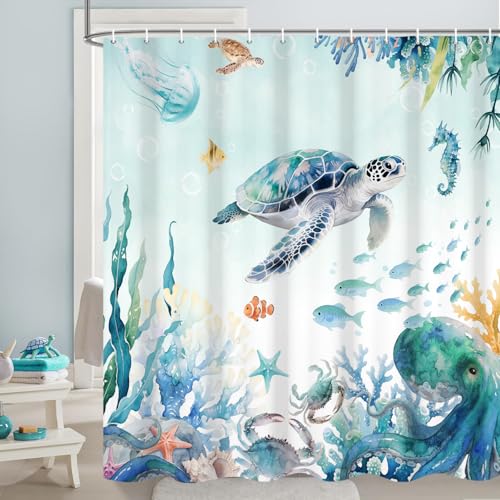 GCIREC Sea Turtle Shower Curtain Teal Blue Nautical Coastal Ocean Beach Theme Cute Sea Turtles Bathroom Curtain Home Bathtub Decor Waterproof Fabric Machine Washable with 12 Hooks 72 Wx72 L