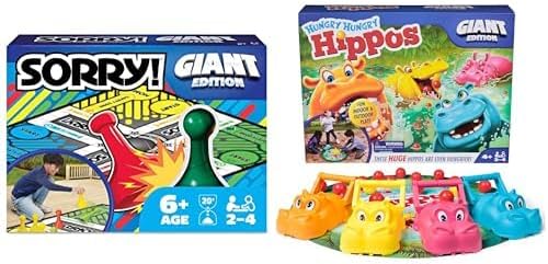 Giant Sorry! and Hungry Hungry Hippos Giant Edition Board Games Bundle - Oversized Indoor Outdoor Family Games for Ages 4 and Up