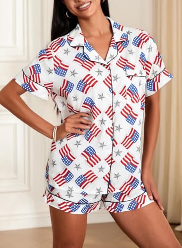 Image of Argeousgor Women 4th Of July Pajama Sets American Flag Short Sleeve Shirt and Shorts 2 Piece Independence Day Pajamas Set