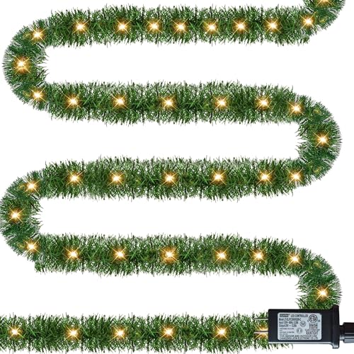 Dazzle Bright 50 FT Prelit Christmas Green Garland, 150 LED Lights Lighted Artificial Pine