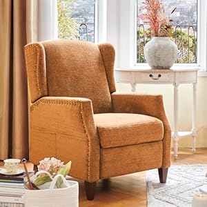 COLAMY Wingback Push Back Recliner Chair Living Room Chair, Upholstered Fabric Armchair, Single Reclining Sofa Chair with Side Pocket, Wood Legs and Nailhead Trim for Home Theater/Bedroom, Orange