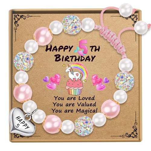 Sereney 5 Year Old Girl Birthday Gift Ideas, Adjustable Pink White Pearl Bracelet as Five Year 5yr Old 5th Birthday Gifts for Teen Girls Daughter Niece Granddaughter