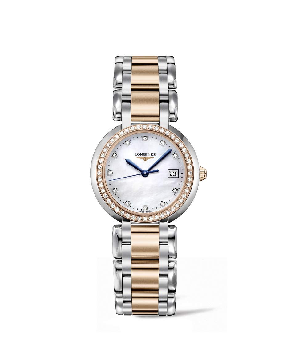 Longines Prima Luna in Steel and Gold Mother of Pearl Dial Diamond Markers and Diamond Bezel Women's Watch