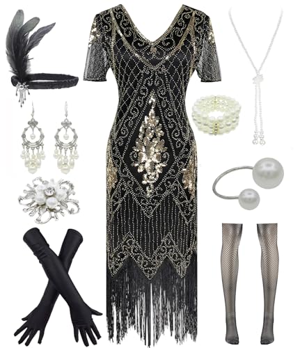 Image of Women 1920s Gatsby Vintage Sequin Flapper Fringe Party Plus Dress with 20s Accessories Set