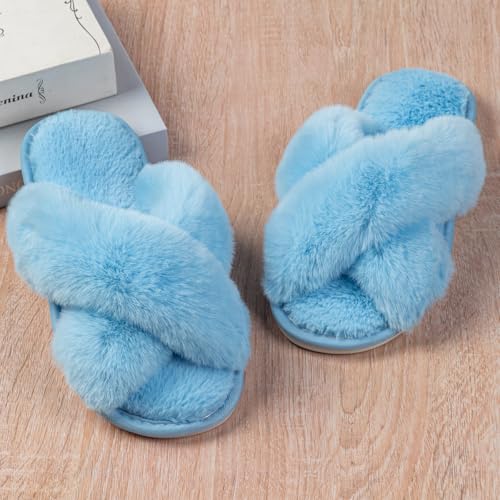 Image of Enteer Women's Slipper Memory Foam Cross Band Fuzzy Slippers Open Toe Cozy House Slippers Cozy Plush Bedroom Indoor Outdoor