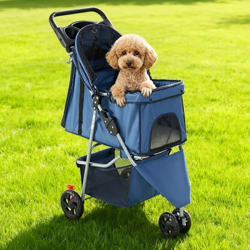 Image of NEWBULIG 3 Wheel Pet Stroller for Dogs and Cats, Foldable, Lightweight and Durable, Ideal for Small to Medium Pets, Includes Storage Basket and Cup Holders