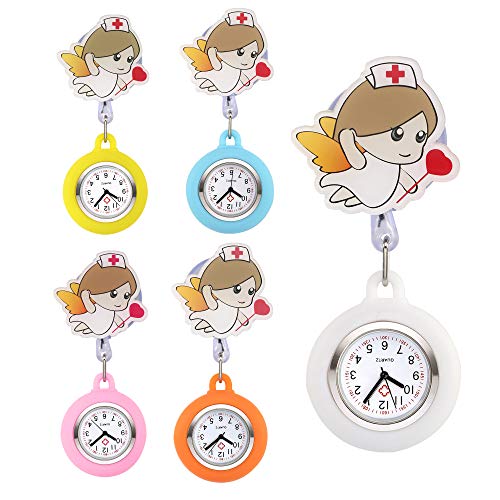 Uhren 5er Set Krankenschwesteruhr Set FOB Uhr Frech Emoticon Emoji Stern Schwesternuhr Pflegeruhr Silikon Hülle Taschenuhr Pulsuhr Broschenuhr