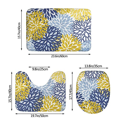 DIRYKILP Badematte + Konturmatte + Toilettendeckelbezug, Blau Gelb Blumen 3 Stück Badematte Set, mit Anti-Rutsch-Klebeboden – Bild 4