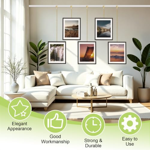 Image of Picture Hanging Kit - 5Pcs Frame Rail Hooks with 5Pcs Chains, Art Display Hanging System in Two Sizes for Wall Picture, Exhibition(Gold Detachable Chain, 30CM & 60CM)