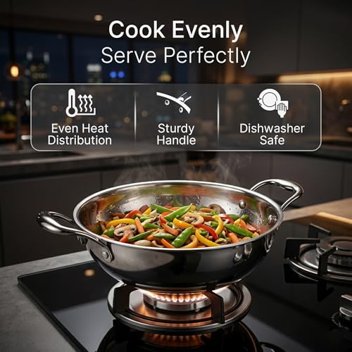 Image of AGARO Regency 28 cm Triply Stainless Steel Kadai with Lid, 4L, Induction & Gas Compatible, Even Heat, Non-Toxic, no Chemical Coating, Dishwasher Safe cookware for Kitchen, Ideal for Frying & Gravy