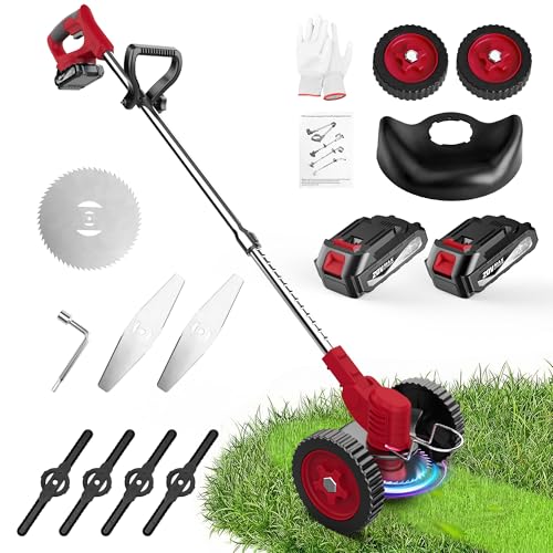 MGYM Cordless Weed Wacker, 20V Electric String Trimmer with 2x2.0Ah Batteries and Charger, Adjustable Pole Weed Wacker with Wheel for Lawn, Yard, Garden Grass Cutter(Red)