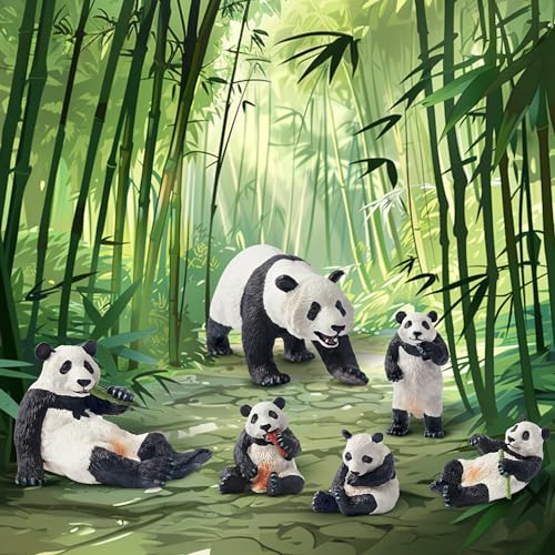 Image of Toymany 6PCS Panda Figurines Toy, Plastic Jungle Panda Animal Figurine Family Set with Bamboo & Baby Pandas, Cake Topper Gift Diorama Habitat Project Supplie for Kids
