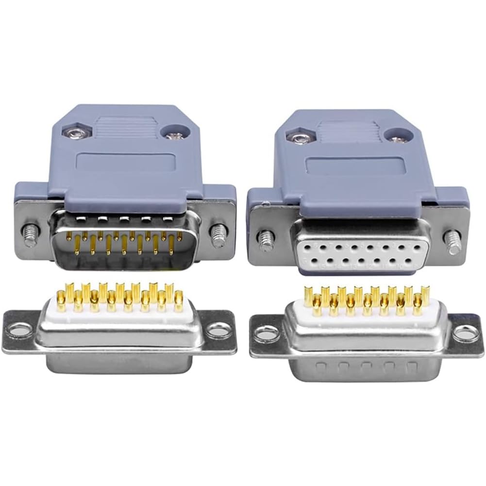 PENGLIN DB15 - Set di 10 connettori seriali per saldatura, maschio femmina RS232 D-SUB, connettori dorati RS232, 15 pin, adattatore per saldatura con cappuccio in plastica, beccuccio per scarico della