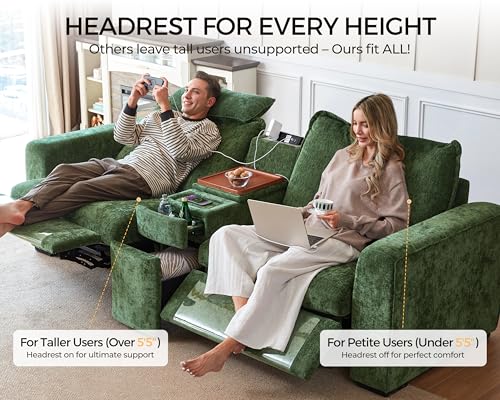Image of 152.4 inch Power Recliner Sofa Wall Hugger, Modular Cloud Sectional Reclining Couch with Headrest, Storage Drawer Cup Holder, 3-Seater with 2 Consoles for Home Theater Living Room, Chenille, Green