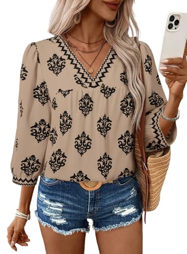 SHEWIN Women's Casual V Neck Floral Print Chiffon Blouses 3/4 Sleeve Boho Summer Tops Shirts